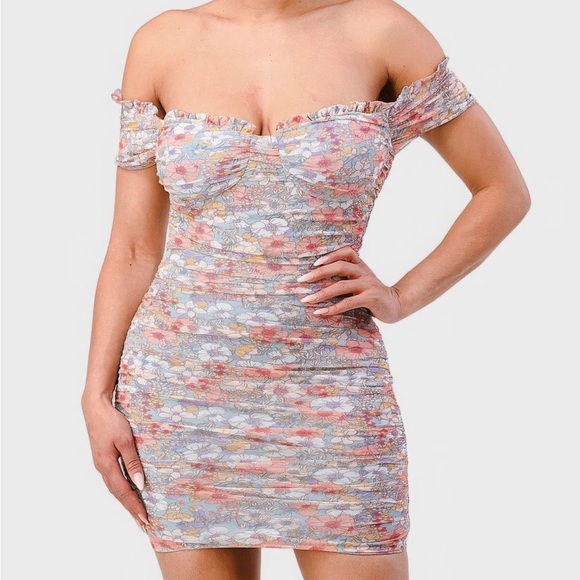Shannel’s Closet Dresses & Skirts - Floral Mesh Sweetheart Ruffled Off Shoulder Mini Dress